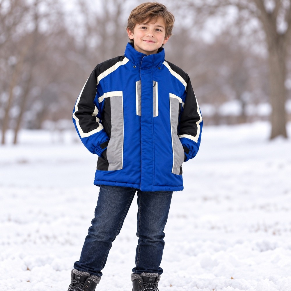 Cherokee Boys L Blue Black Gray Colorblock Ski Snow Winter Jacket Hood Missing